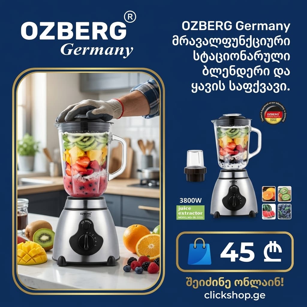 OZBERG მრავალფუნქციური სტაციონარული ბლენდერი და ყავის საფქვავი